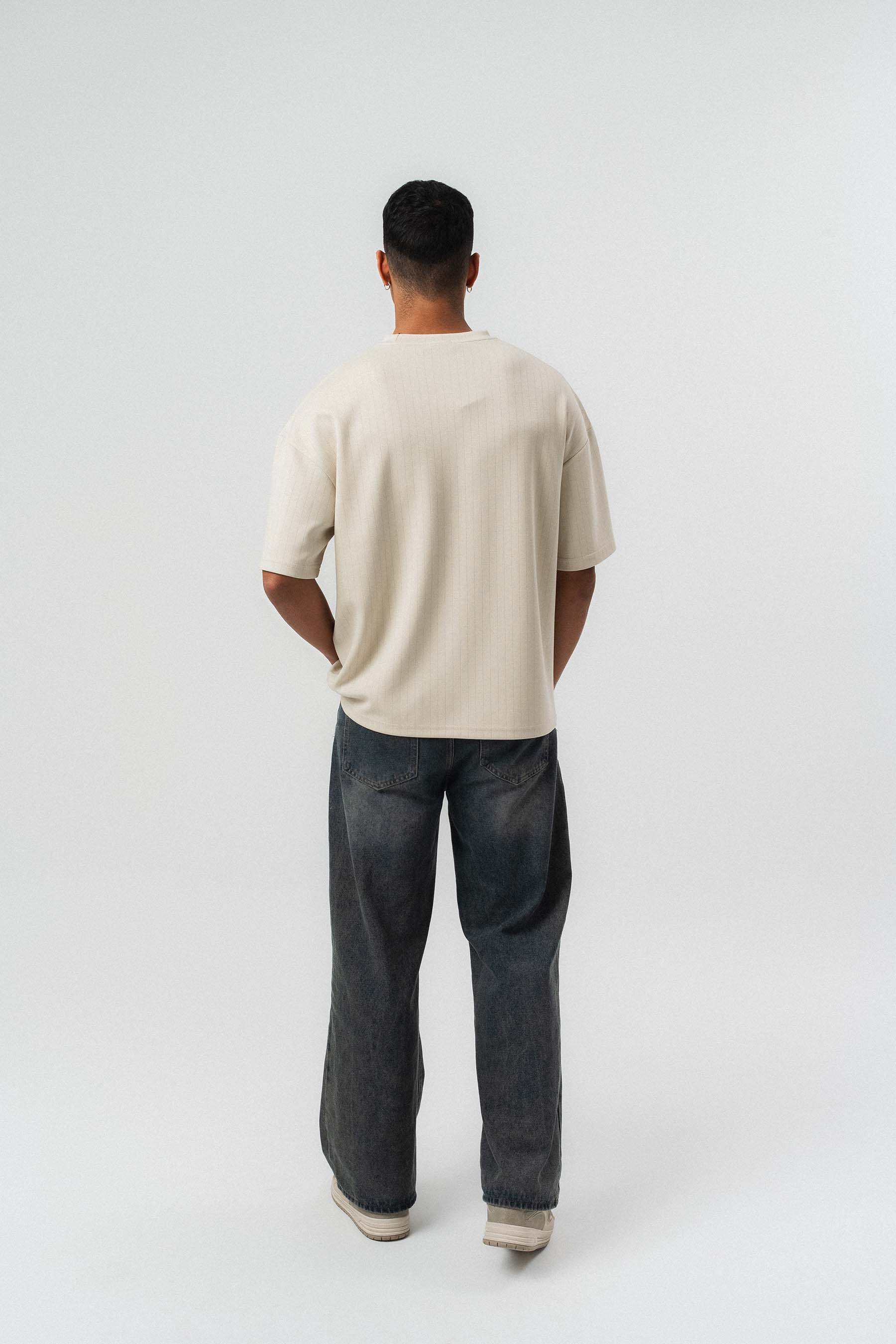 Nakış Detaylı Çizgili Premium Oversize T-Shirt Bej