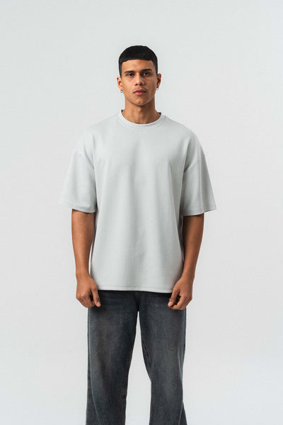 Nakış Detaylı Çizgili Premium Oversize T-Shirt Gri