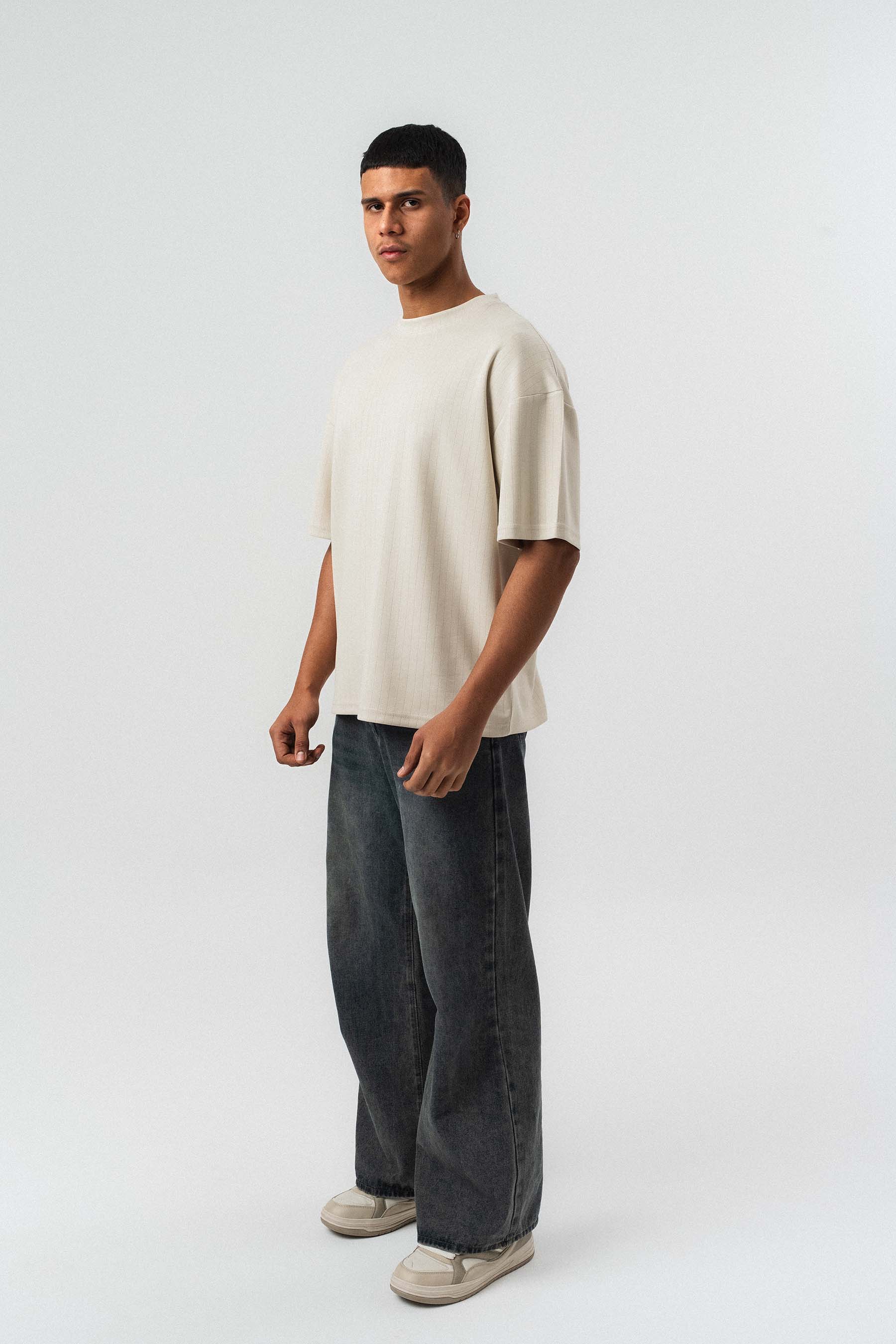 Nakış Detaylı Çizgili Premium Oversize T-Shirt Bej