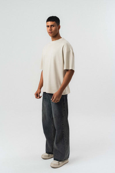 Nakış Detaylı Çizgili Premium Oversize T-Shirt Bej