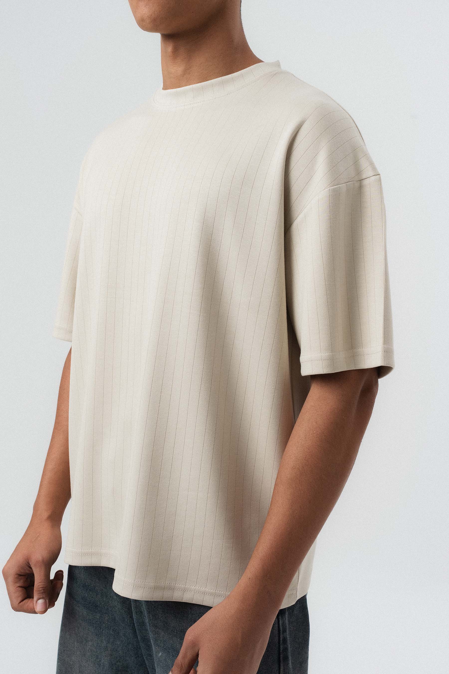 Nakış Detaylı Çizgili Premium Oversize T-Shirt Bej