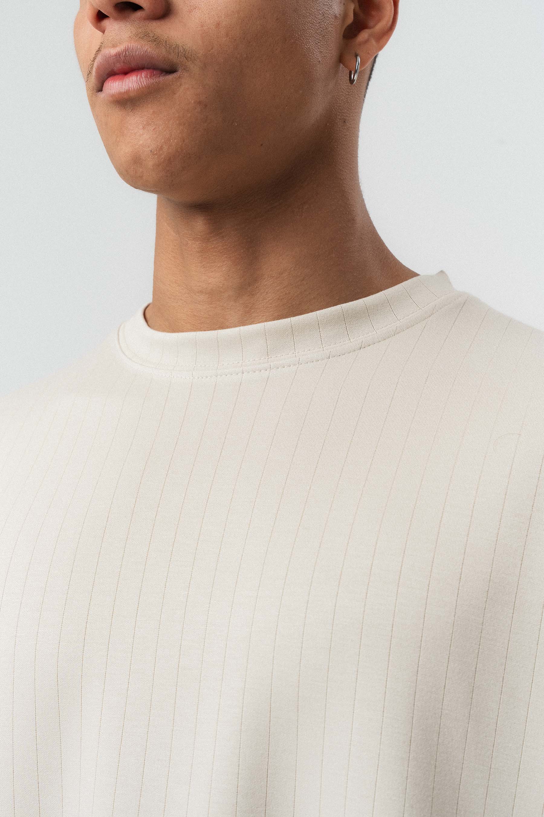 Nakış Detaylı Çizgili Premium Oversize T-Shirt Bej