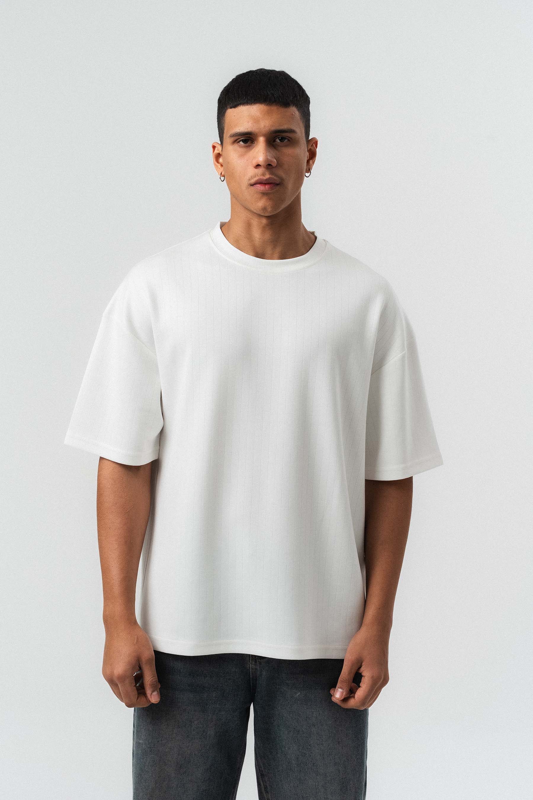 Nakış Detaylı Çizgili Premium Oversize T-Shirt Beyaz