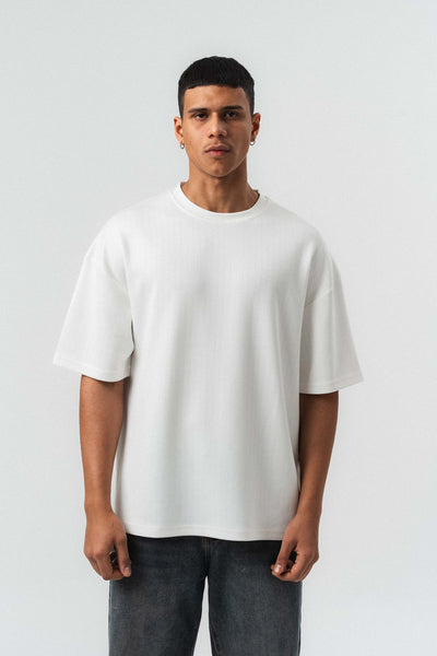 Nakış Detaylı Çizgili Premium Oversize T-Shirt Beyaz