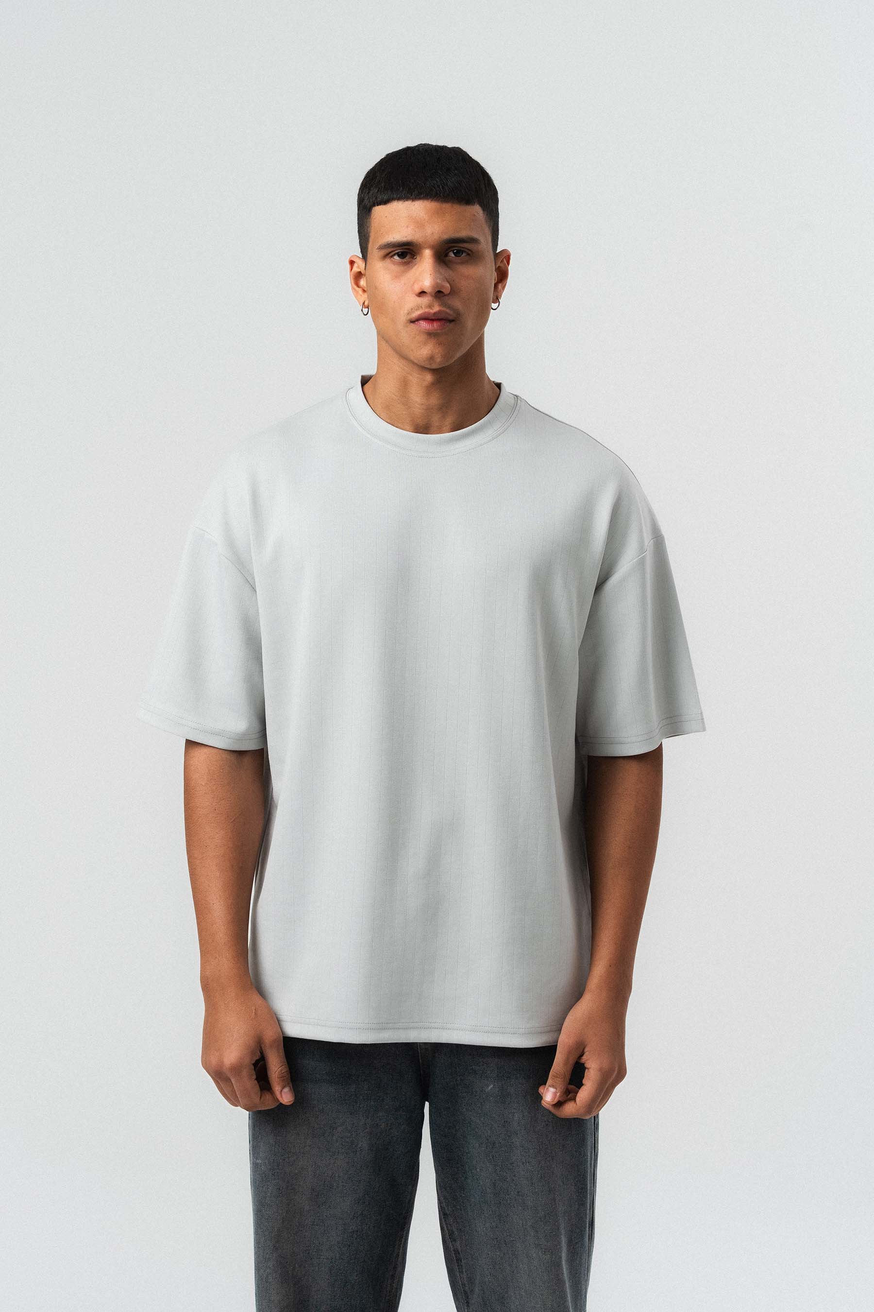 Nakış Detaylı Çizgili Premium Oversize T-Shirt Gri