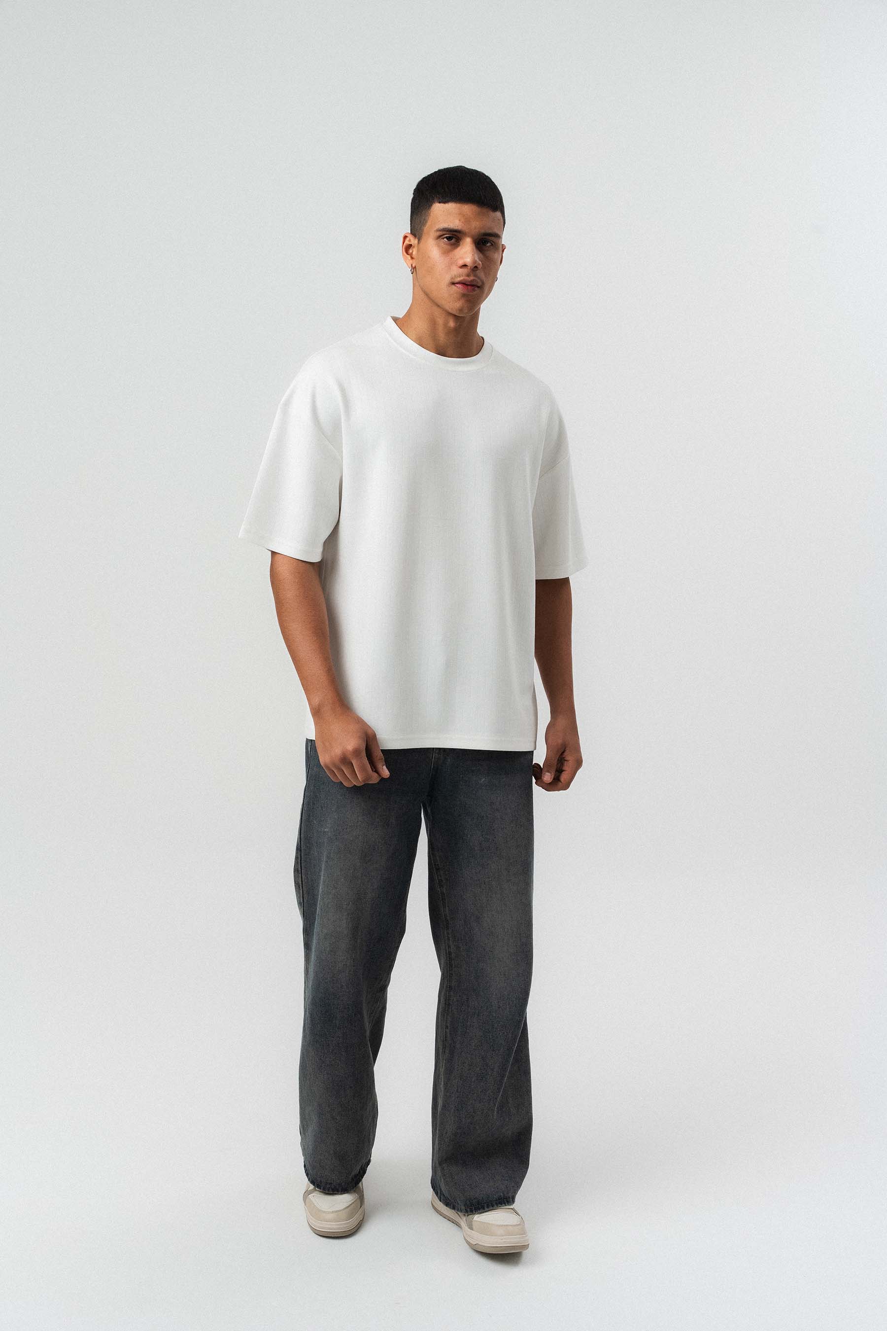 Nakış Detaylı Çizgili Premium Oversize T-Shirt Beyaz