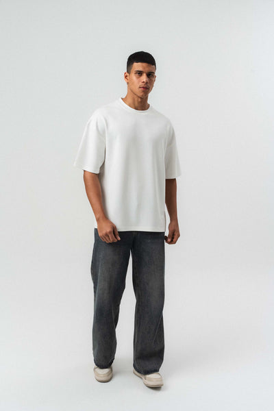 Nakış Detaylı Çizgili Premium Oversize T-Shirt Beyaz