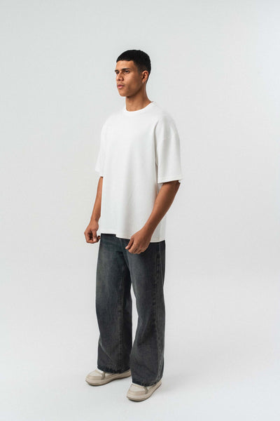 Nakış Detaylı Çizgili Premium Oversize T-Shirt Beyaz