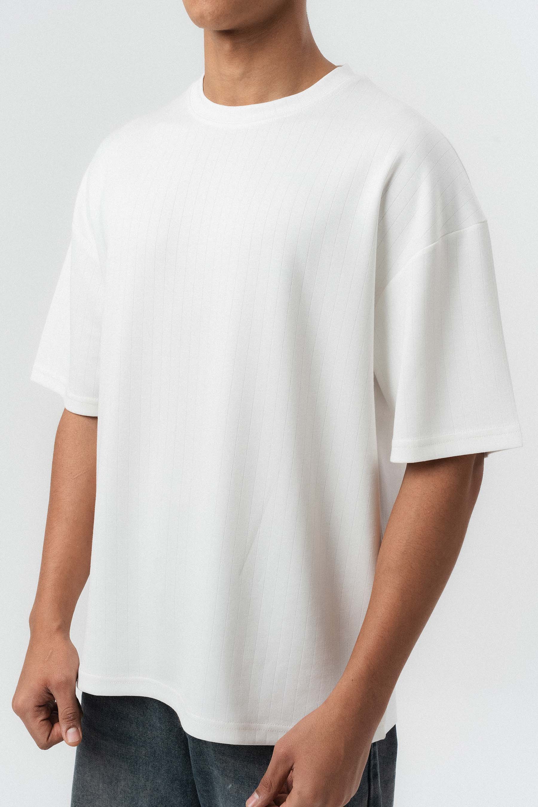 Nakış Detaylı Çizgili Premium Oversize T-Shirt Beyaz