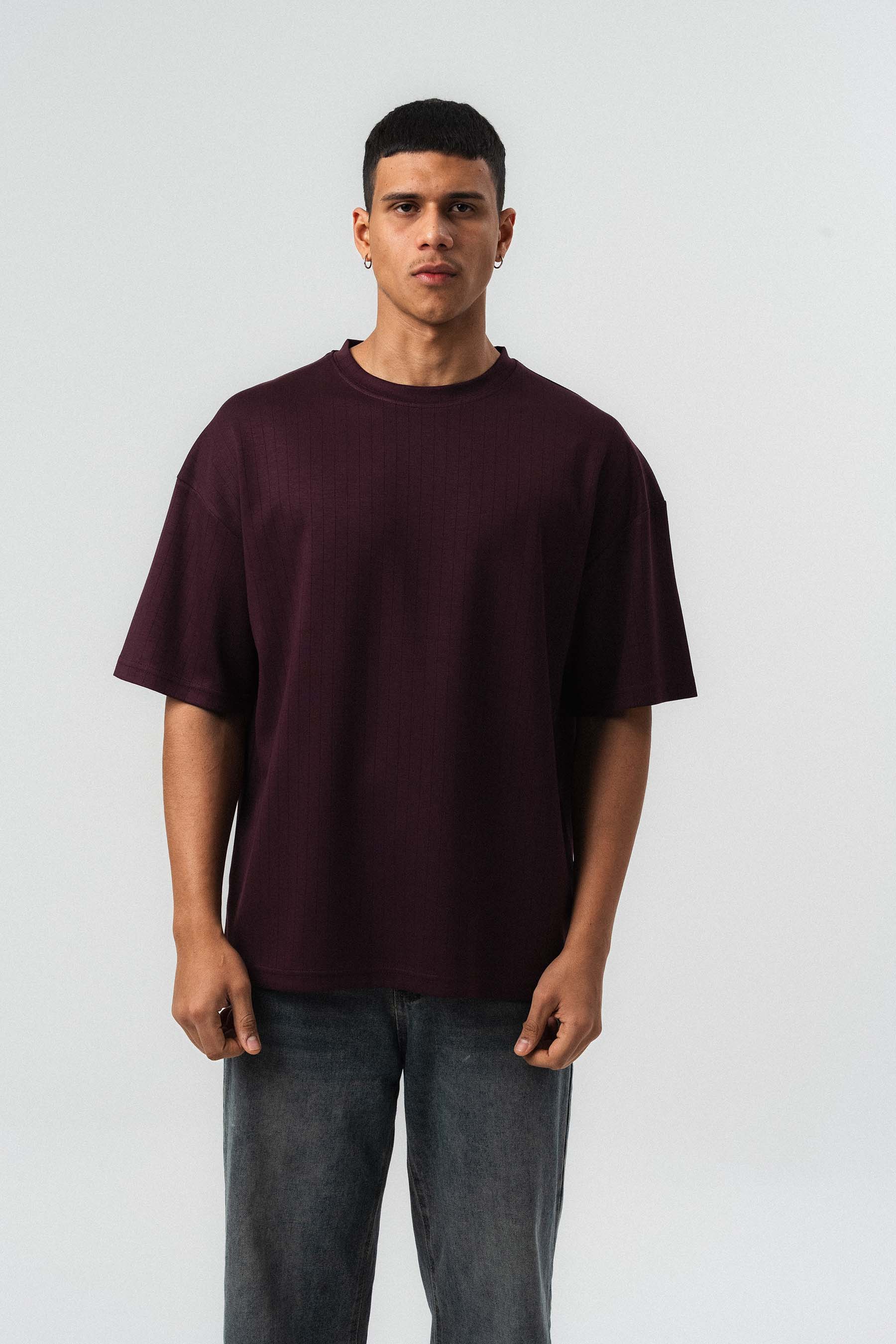 Nakış Detaylı Çizgili Premium Oversize T-Shirt Bordo