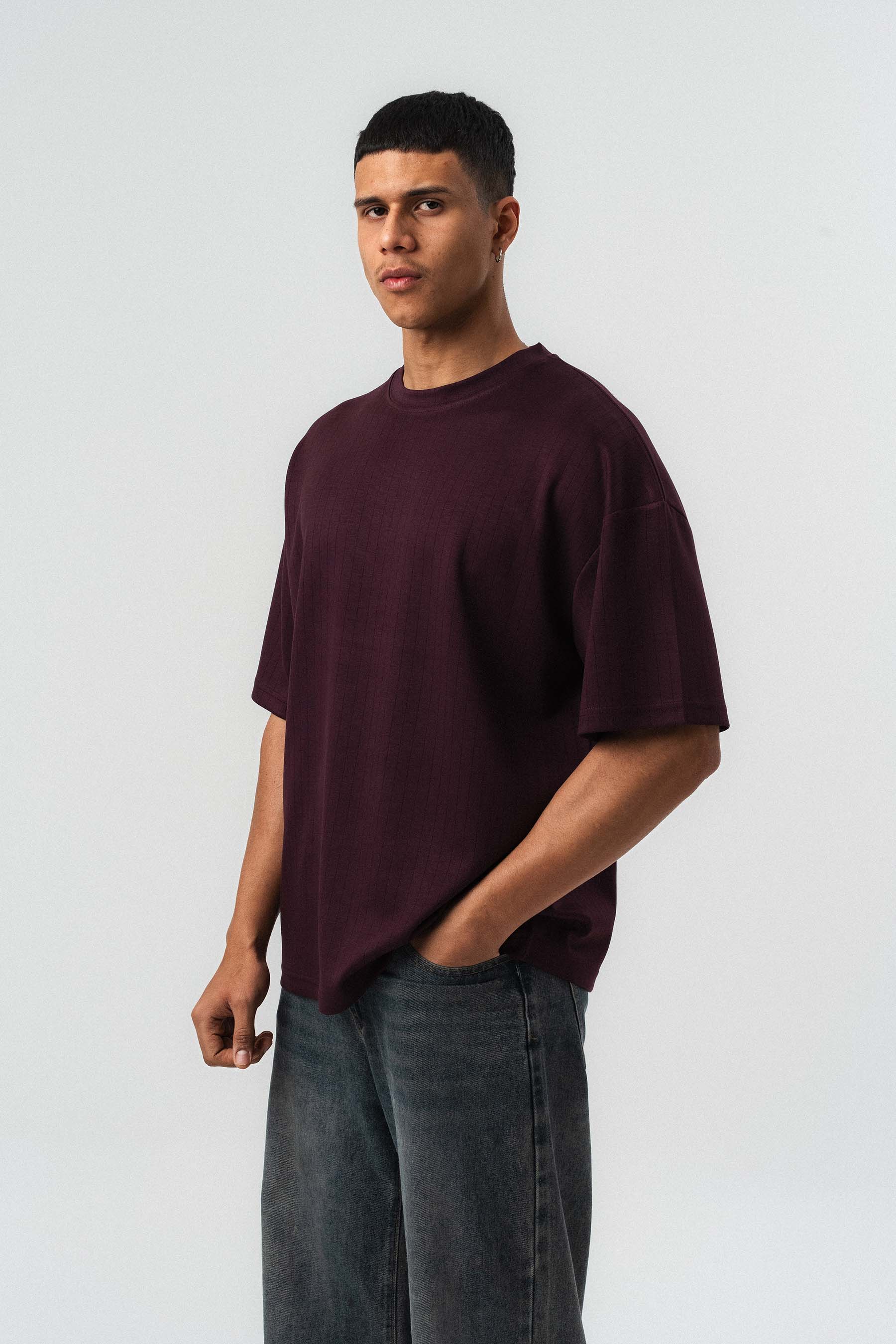 Nakış Detaylı Çizgili Premium Oversize T-Shirt Bordo