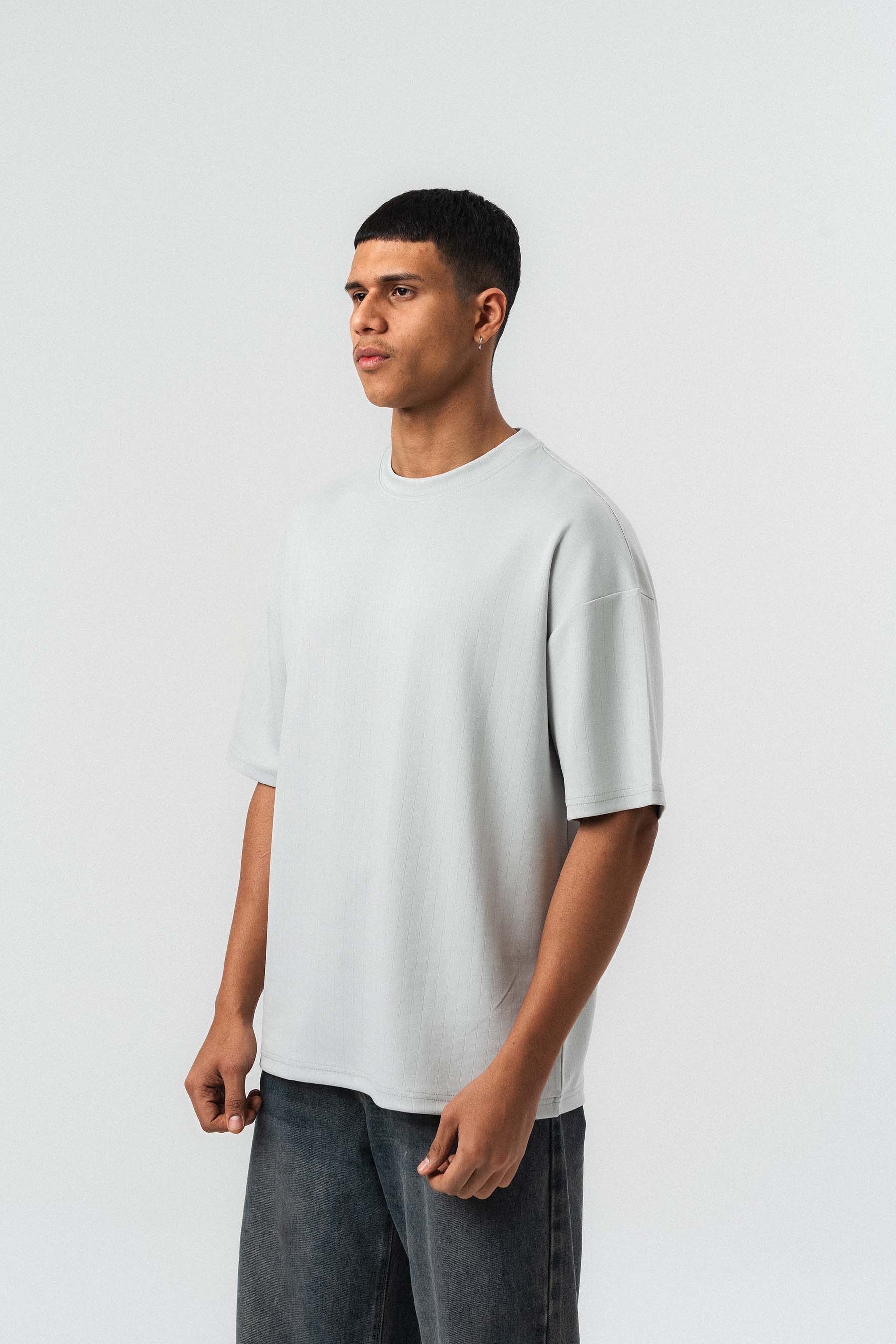 Nakış Detaylı Çizgili Premium Oversize T-Shirt Gri