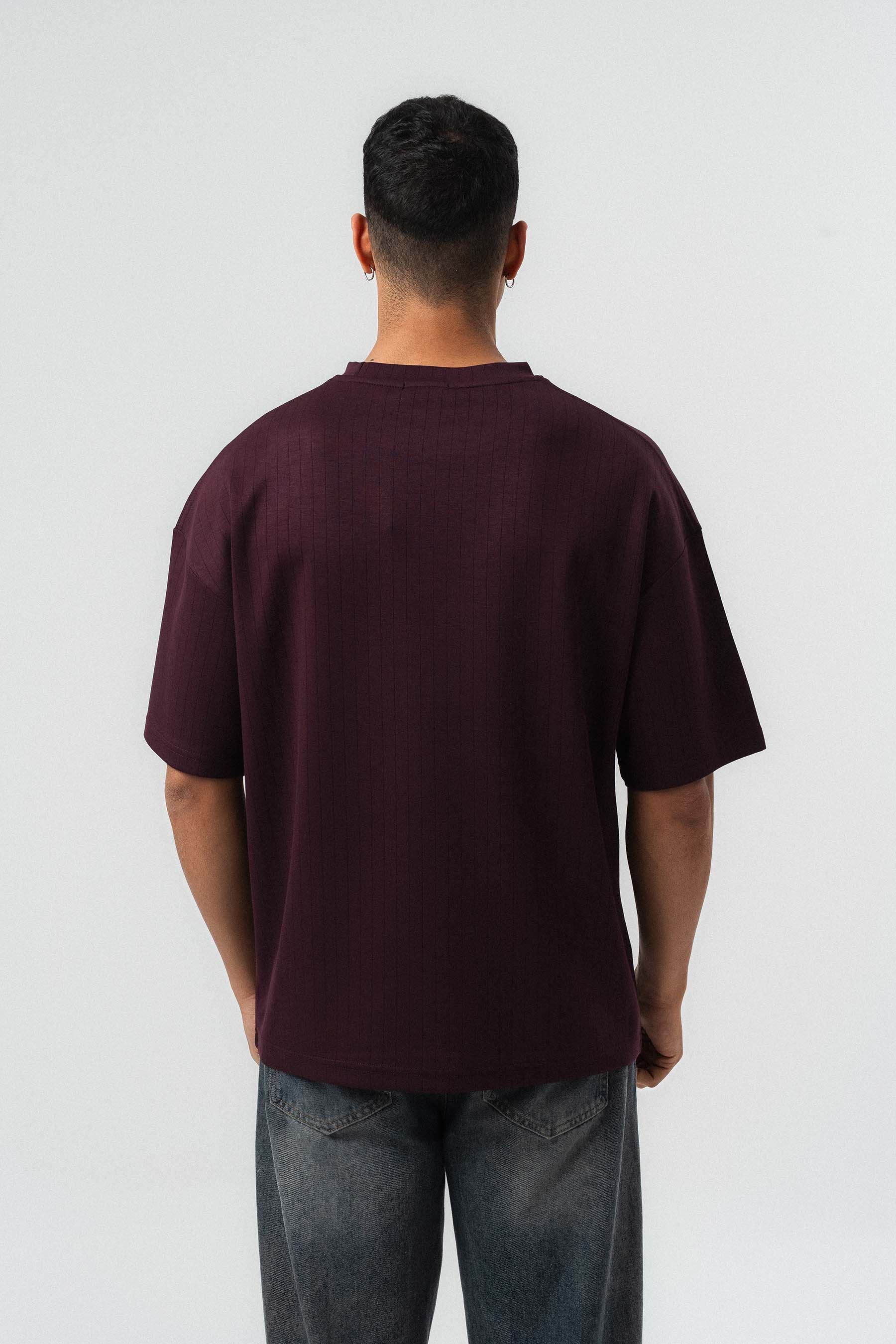 Nakış Detaylı Çizgili Premium Oversize T-Shirt Bordo