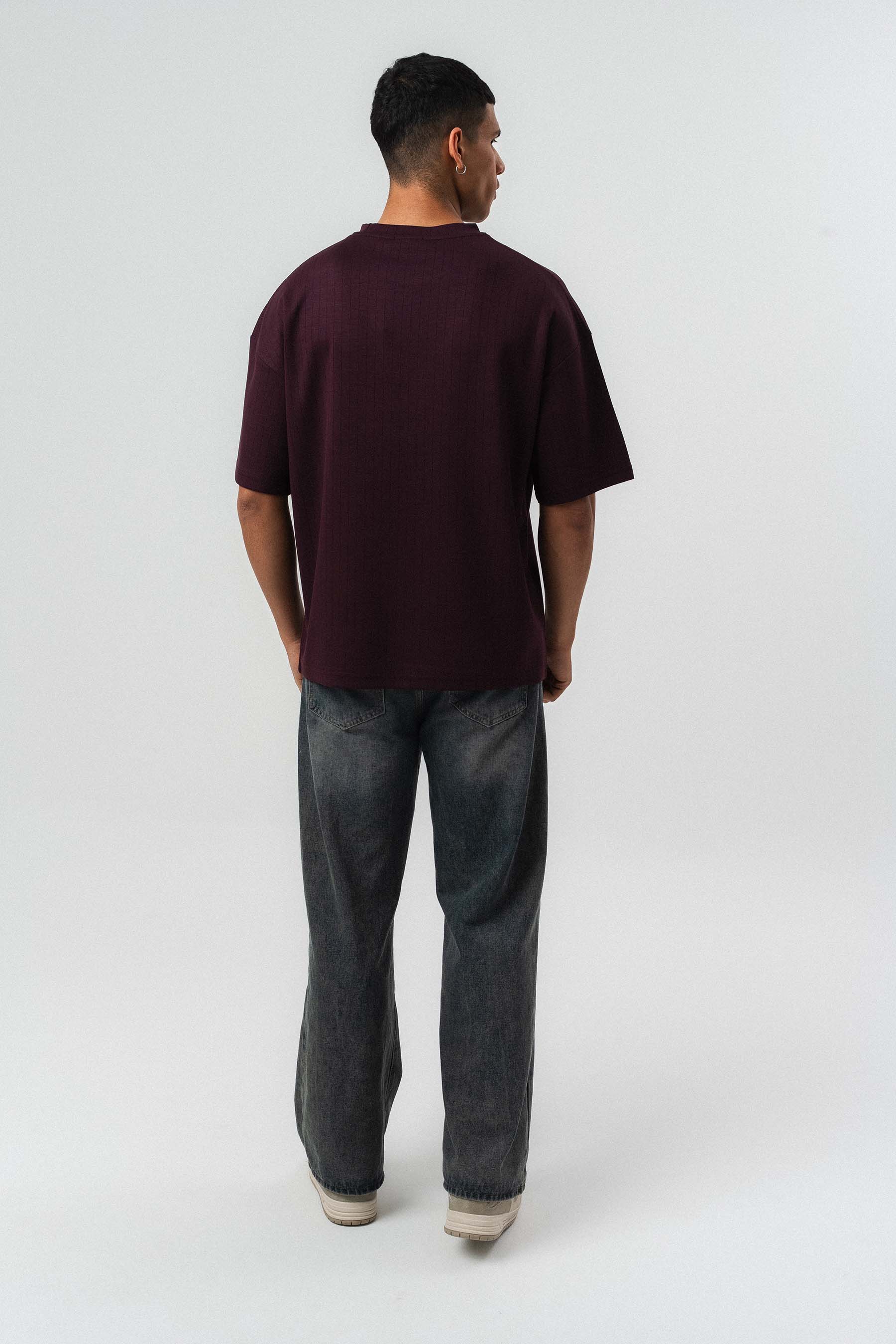 Nakış Detaylı Çizgili Premium Oversize T-Shirt Bordo