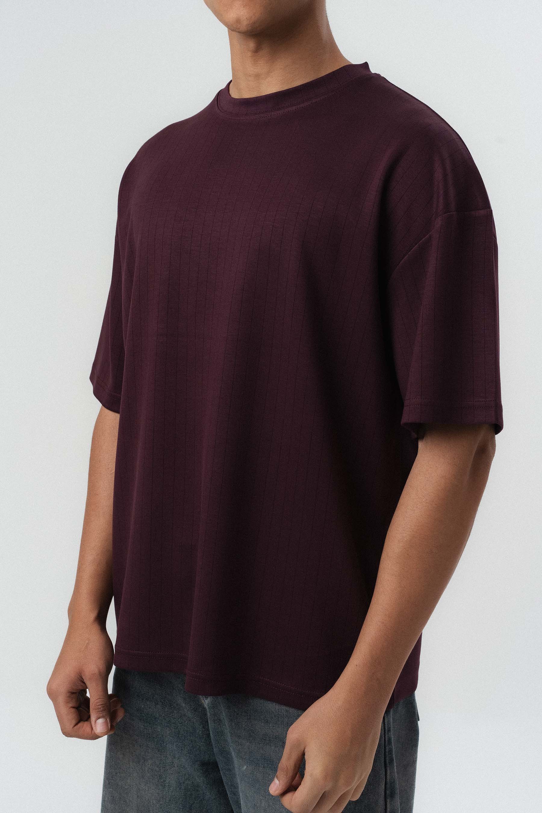 Nakış Detaylı Çizgili Premium Oversize T-Shirt Bordo