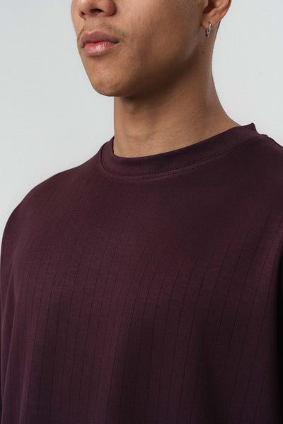 Nakış Detaylı Çizgili Premium Oversize T-Shirt Bordo