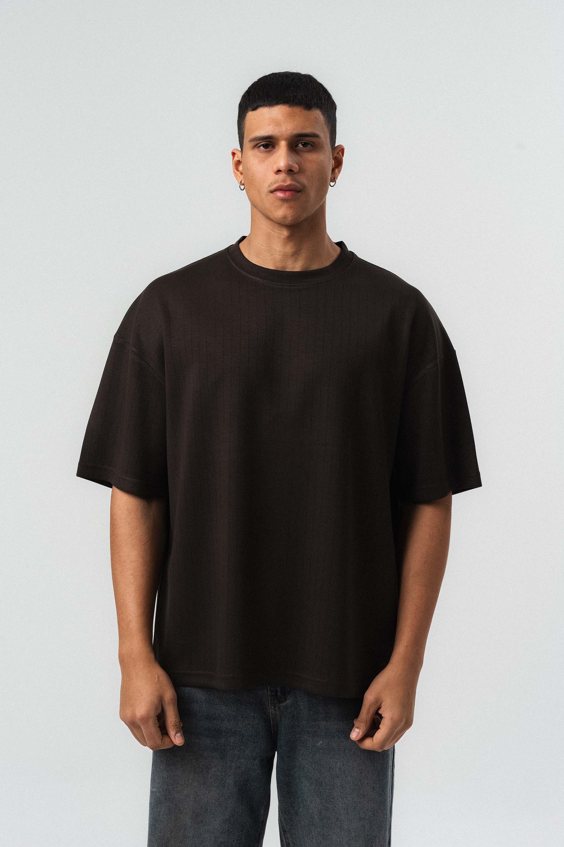 Nakış Detaylı Çizgili Premium Oversize T-Shirt Kahverengi