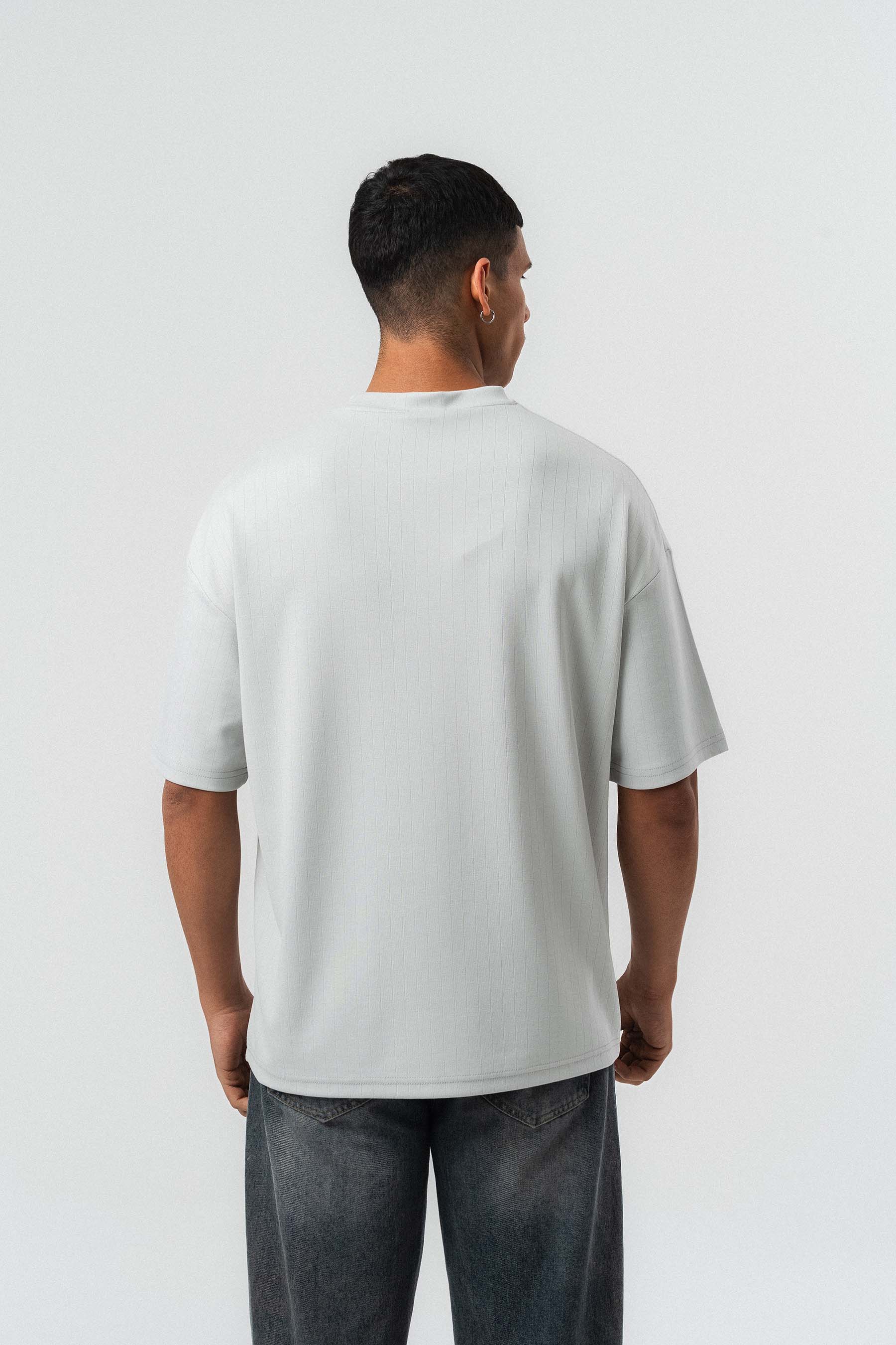 Nakış Detaylı Çizgili Premium Oversize T-Shirt Gri