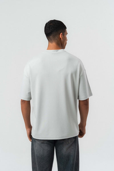 Nakış Detaylı Çizgili Premium Oversize T-Shirt Gri