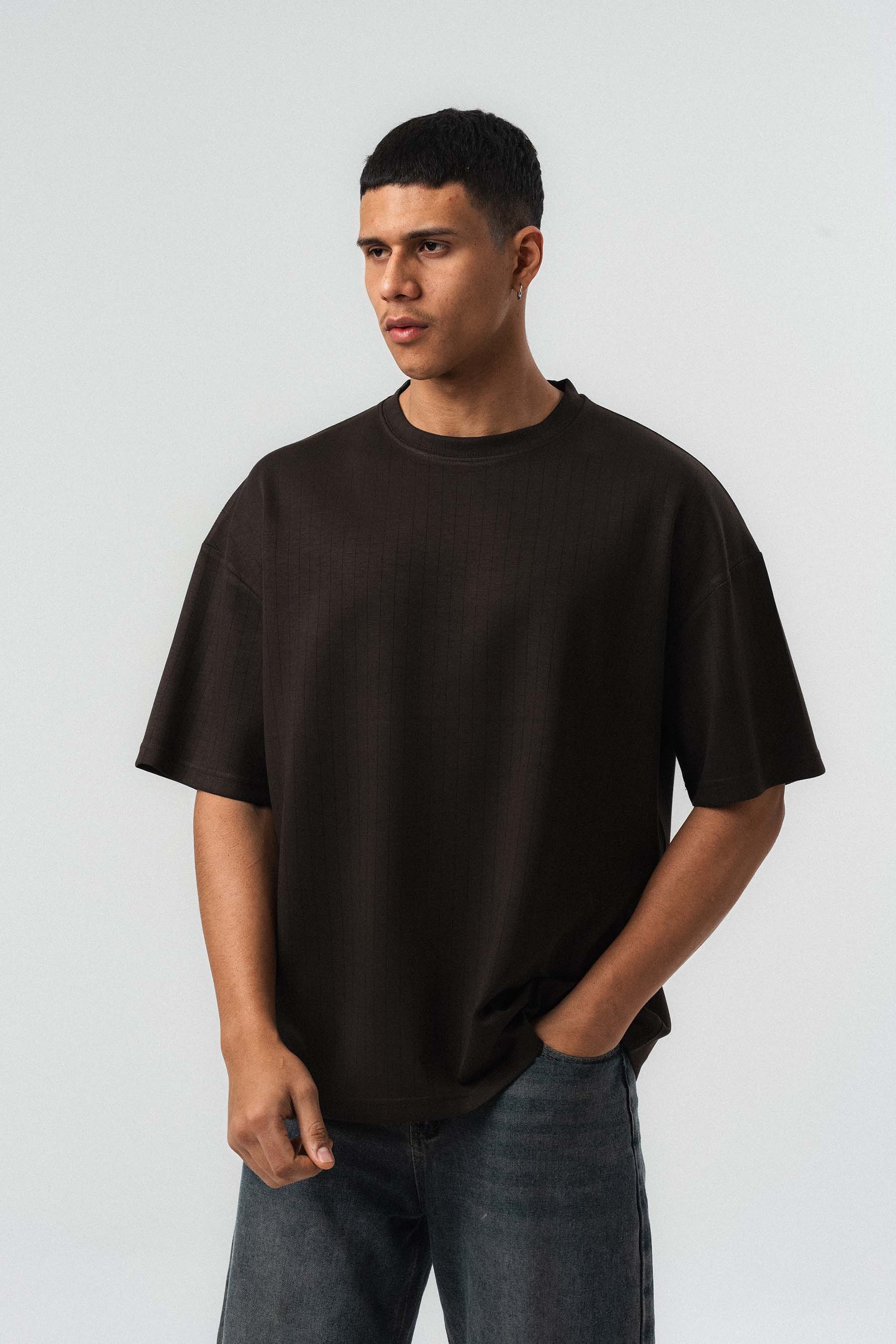 Nakış Detaylı Çizgili Premium Oversize T-Shirt Kahverengi