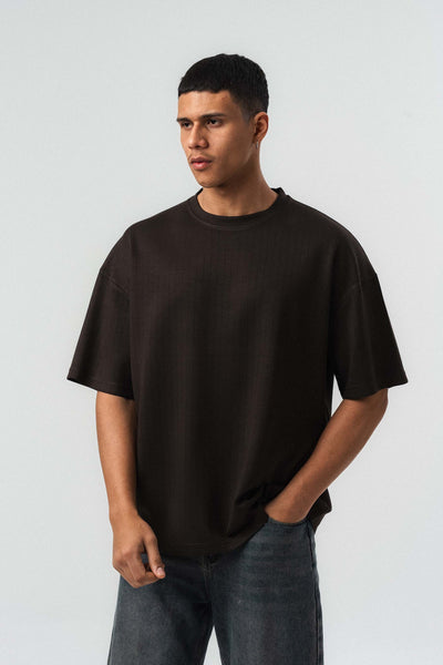Nakış Detaylı Çizgili Premium Oversize T-Shirt Kahverengi