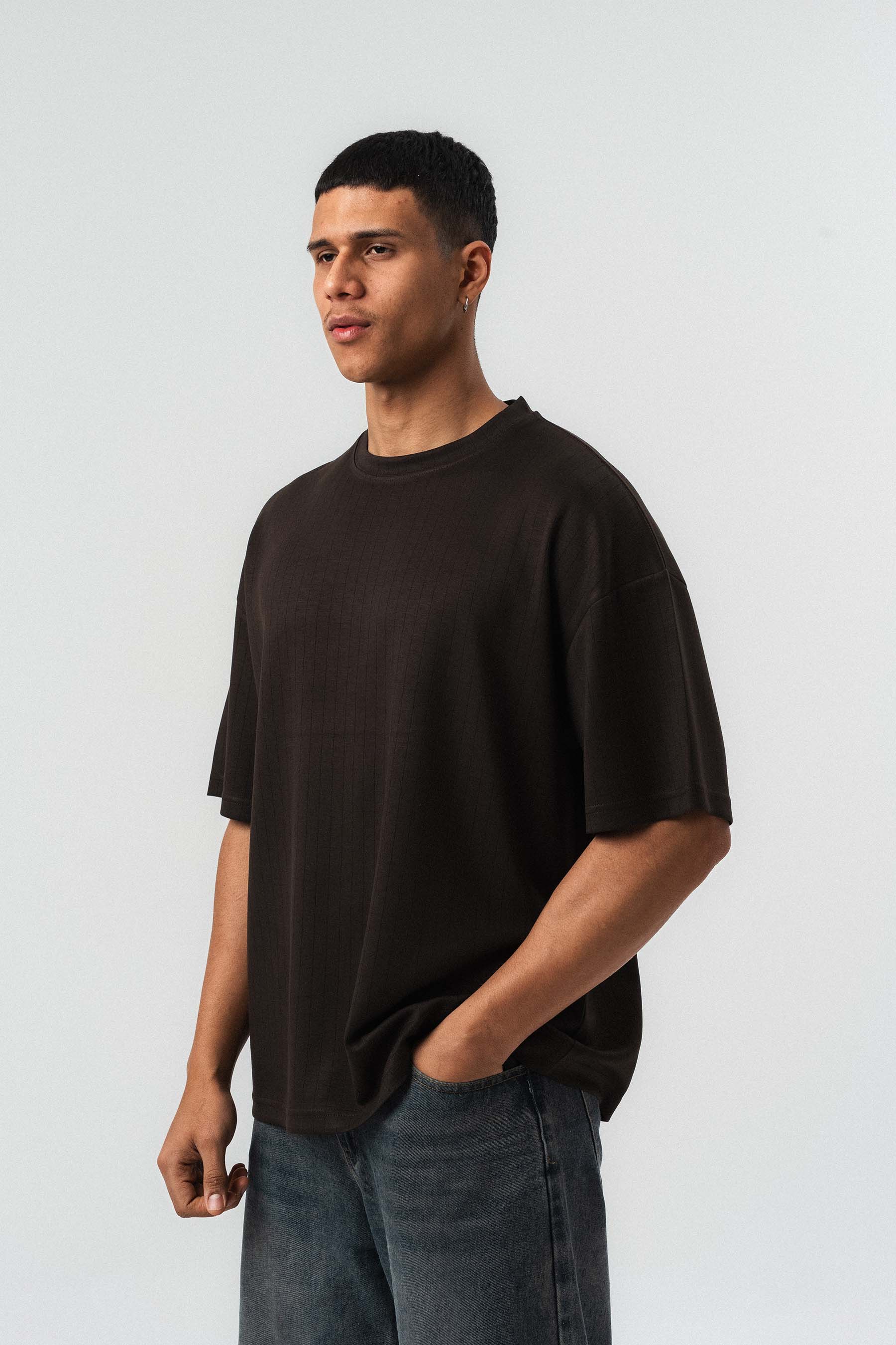 Nakış Detaylı Çizgili Premium Oversize T-Shirt Kahverengi
