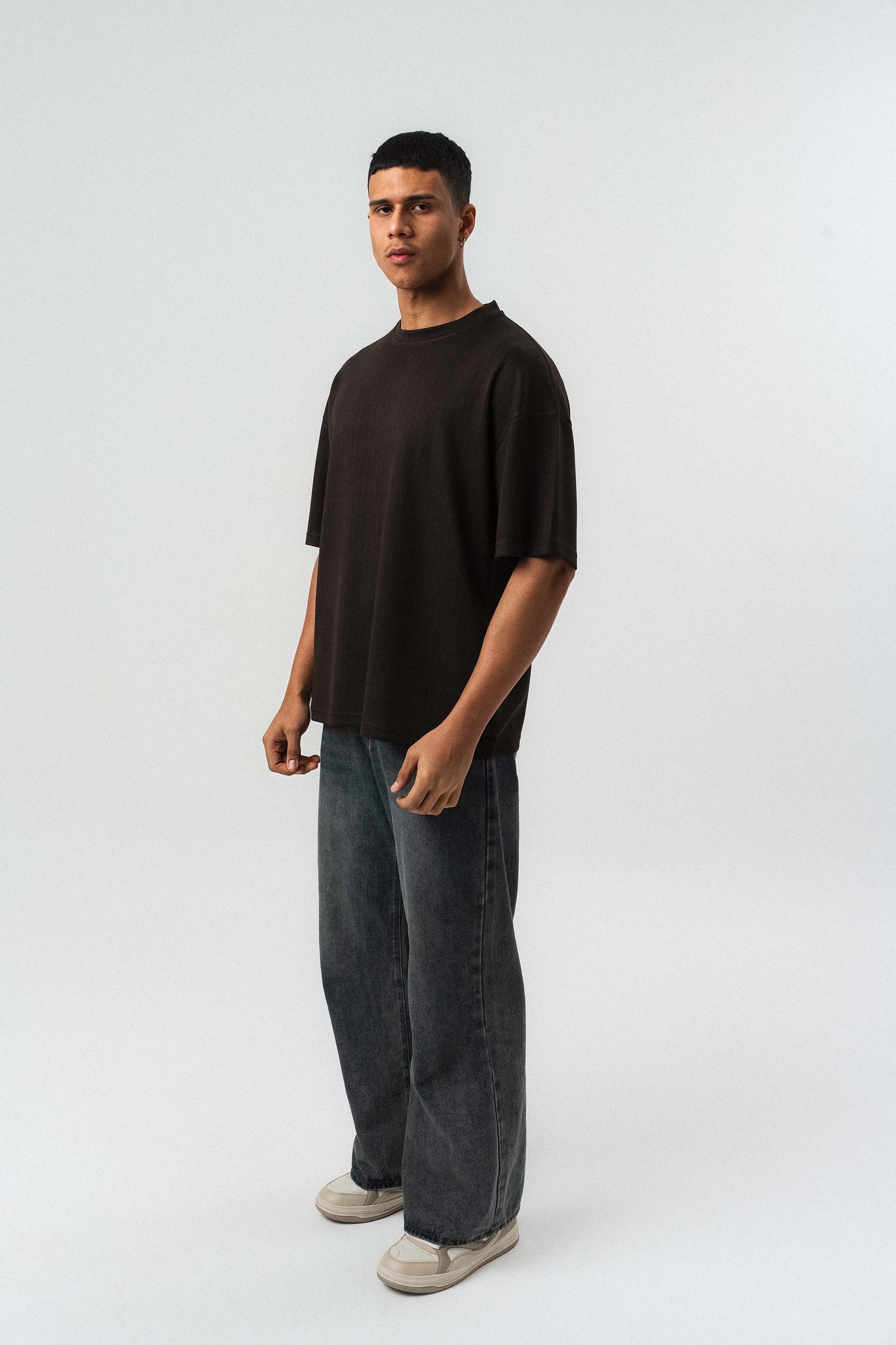 Nakış Detaylı Çizgili Premium Oversize T-Shirt Kahverengi