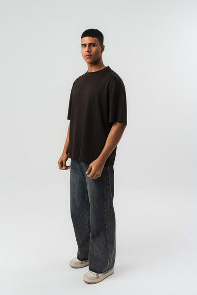 Nakış Detaylı Çizgili Premium Oversize T-Shirt Kahverengi