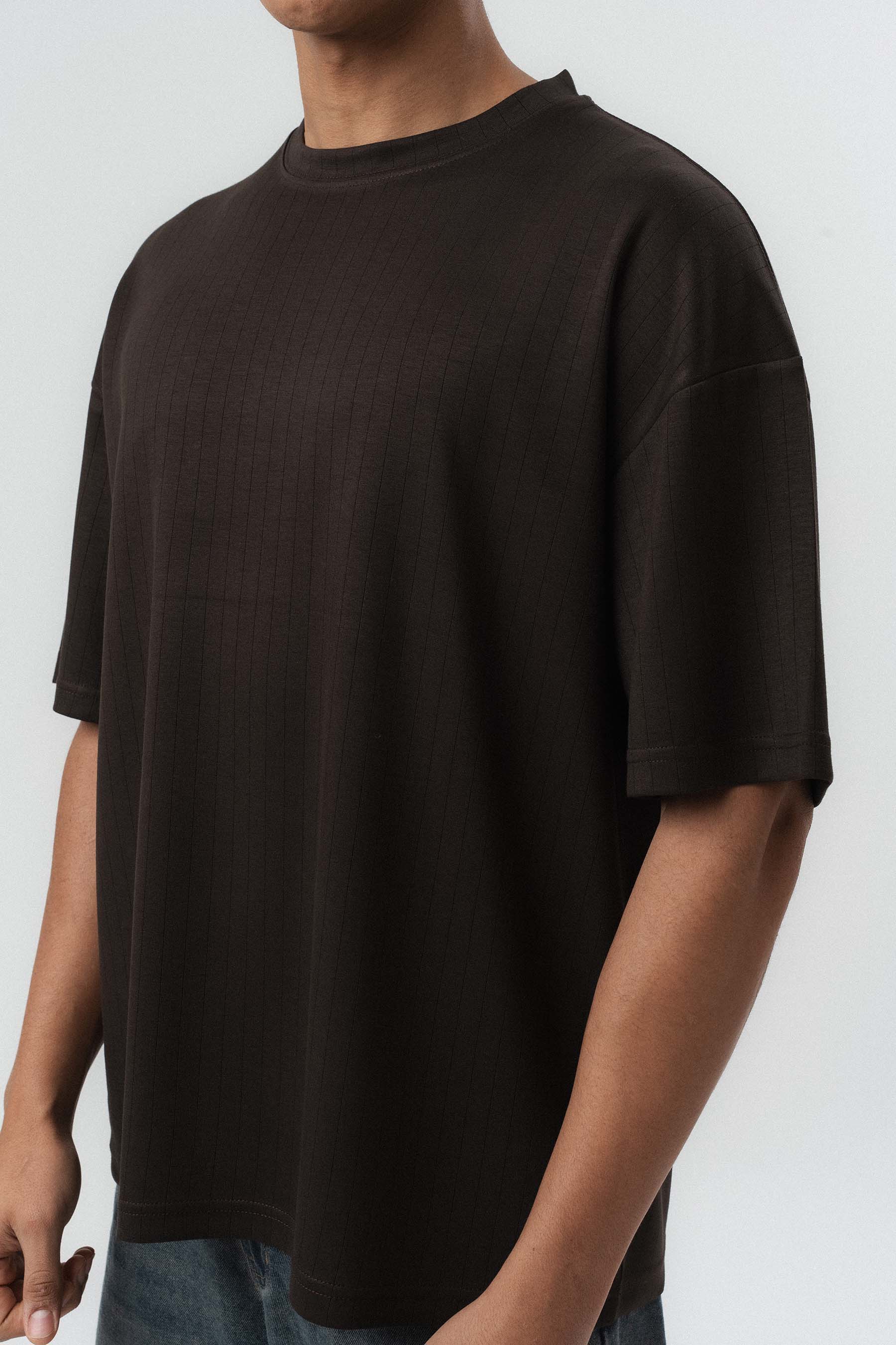 Nakış Detaylı Çizgili Premium Oversize T-Shirt Kahverengi