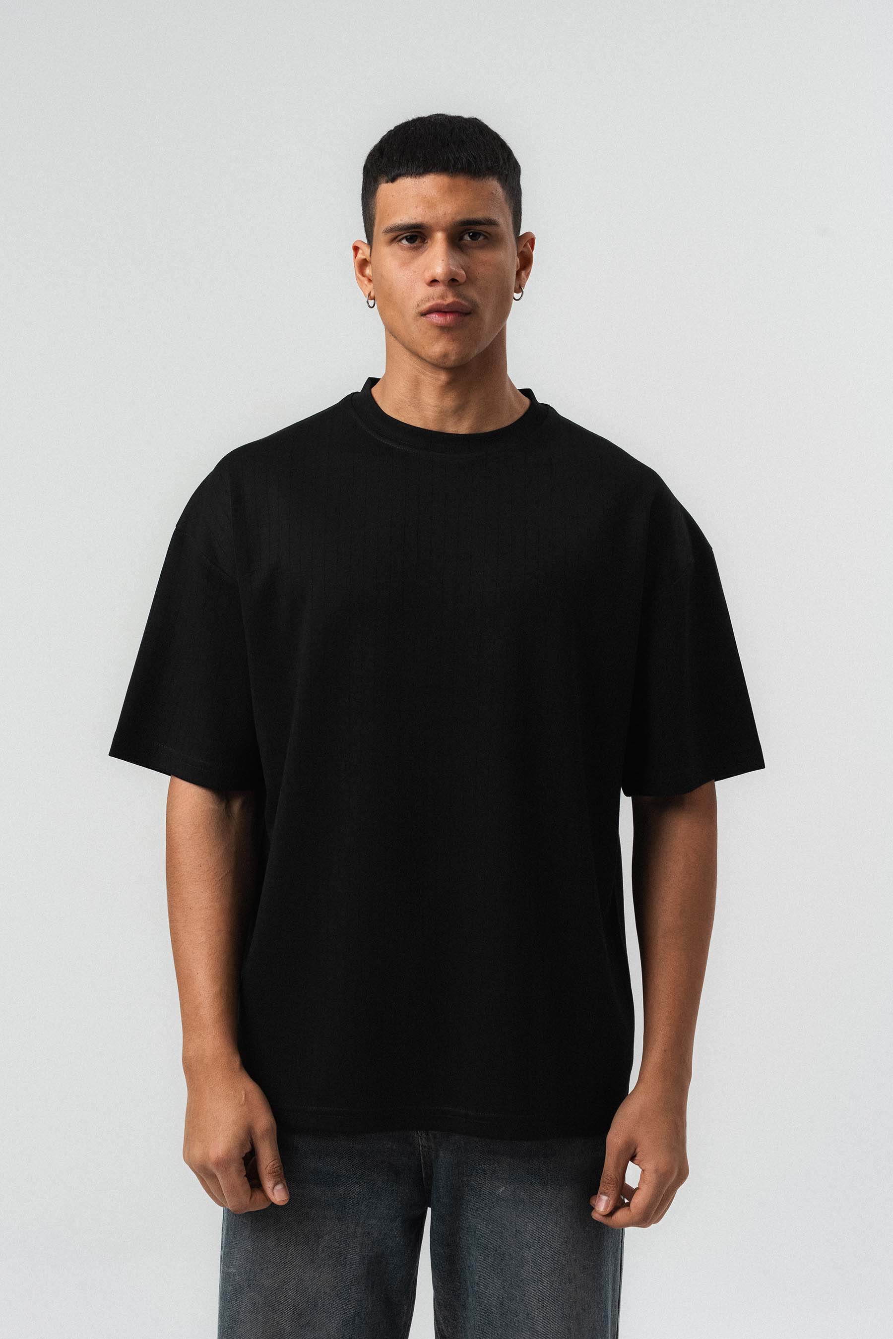 Nakış Detaylı Çizgili Premium Oversize T-Shirt Siyah