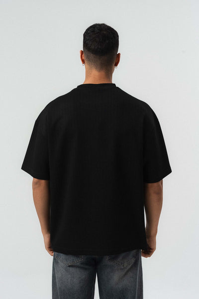 Nakış Detaylı Çizgili Premium Oversize T-Shirt Siyah