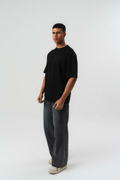 Nakış Detaylı Çizgili Premium Oversize T-Shirt Siyah