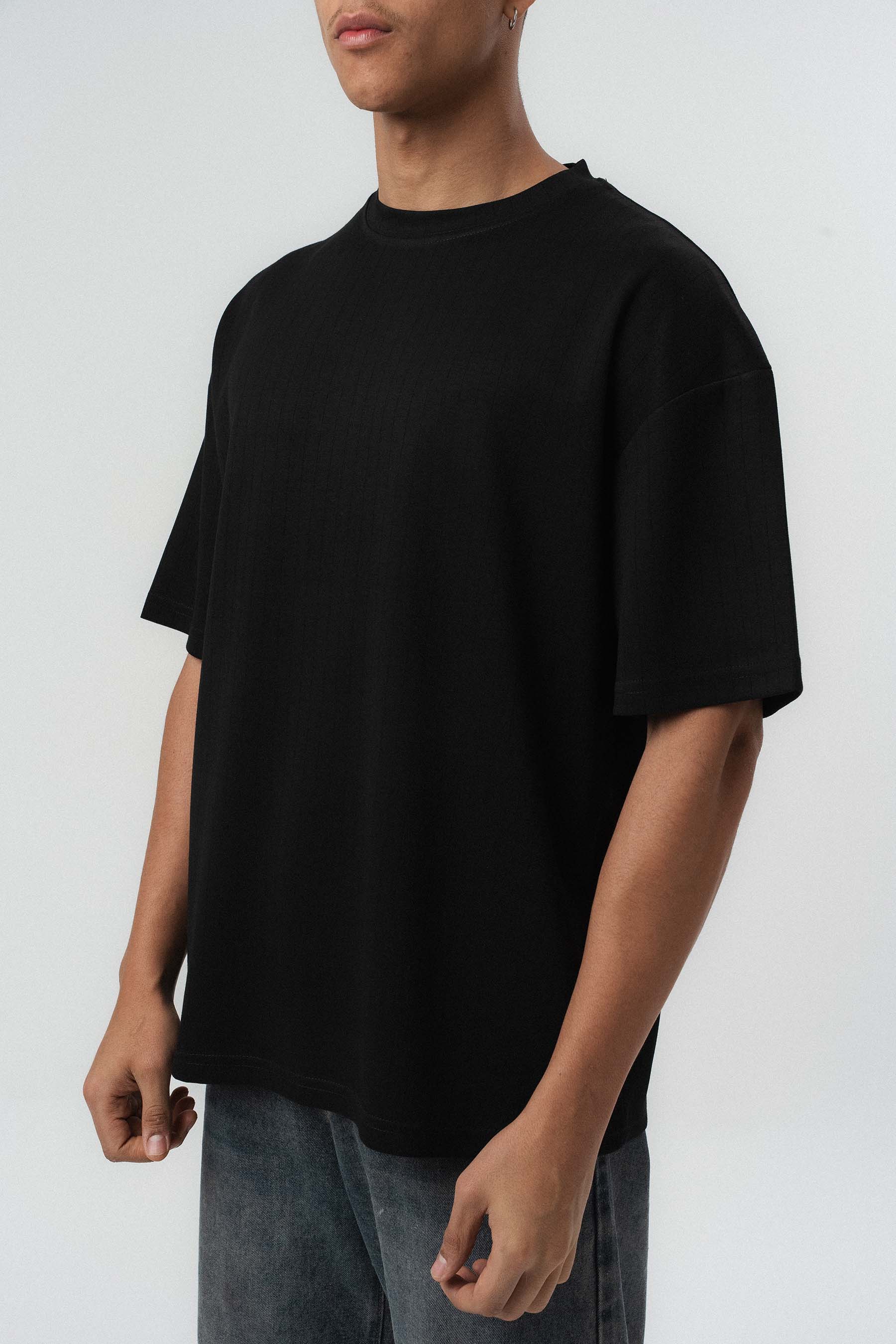 Nakış Detaylı Çizgili Premium Oversize T-Shirt Siyah