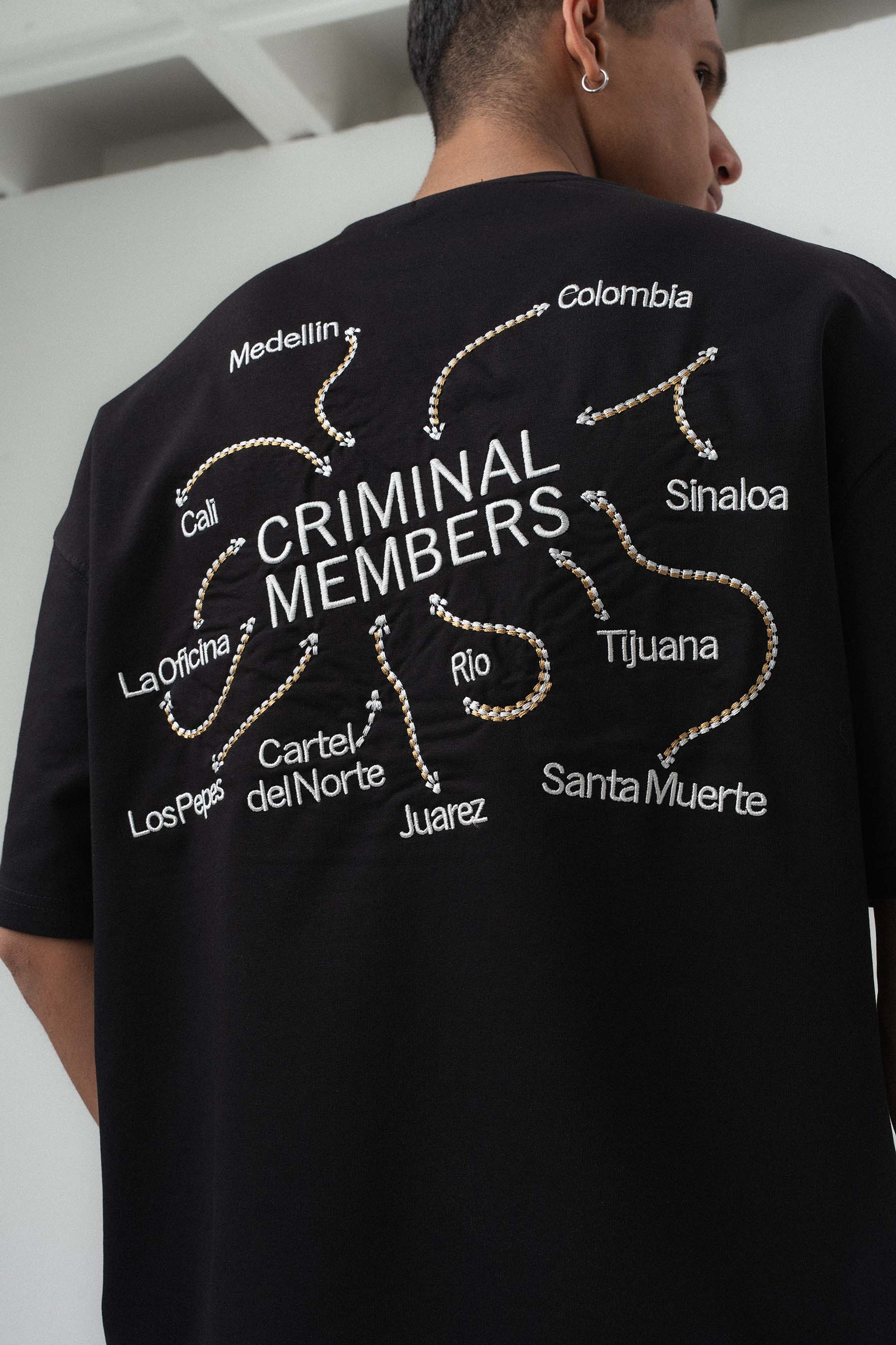 Criminal Members Nakış Detaylı Siyah Oversize Baskılı T-Shirt