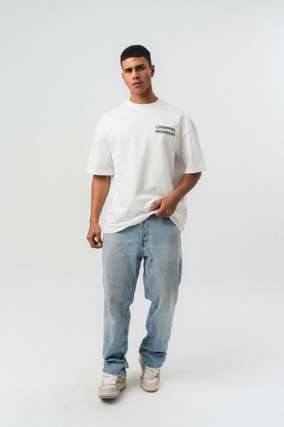Criminal Members Nakış Detaylı Beyaz Oversize Baskılı T-Shirt