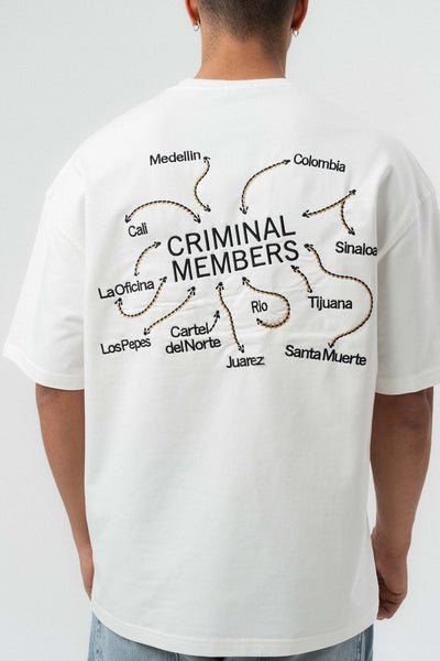 Criminal Members Nakış Detaylı Beyaz Oversize Baskılı T-Shirt