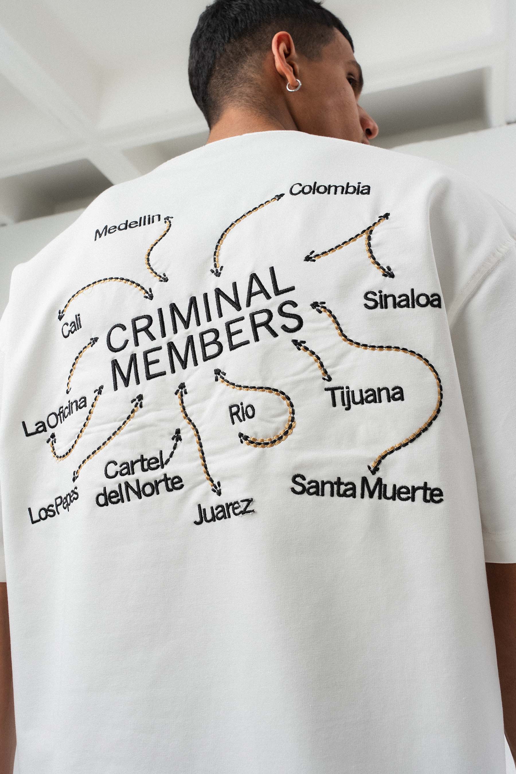 Criminal Members Nakış Detaylı Beyaz Oversize Baskılı T-Shirt