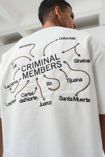 Criminal Members Nakış Detaylı Beyaz Oversize Baskılı T-Shirt