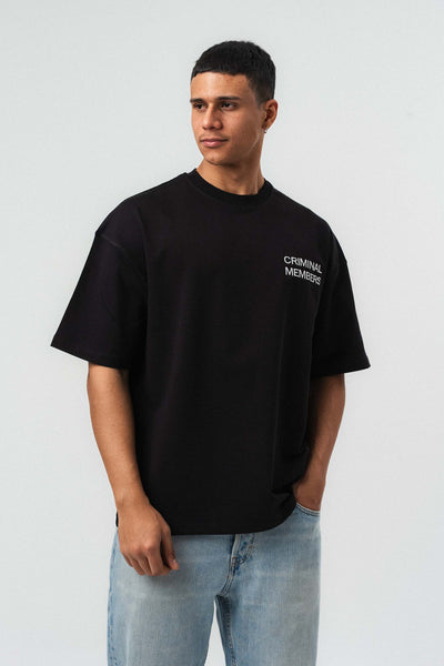 Criminal Members Nakış Detaylı Siyah Oversize Baskılı T-Shirt