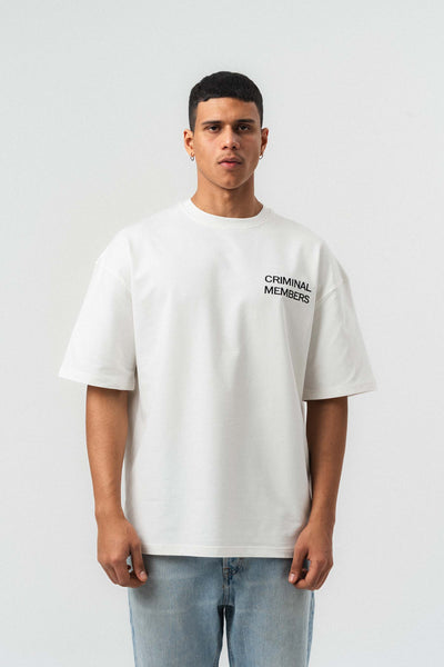 Criminal Members Nakış Detaylı Beyaz Oversize Baskılı T-Shirt