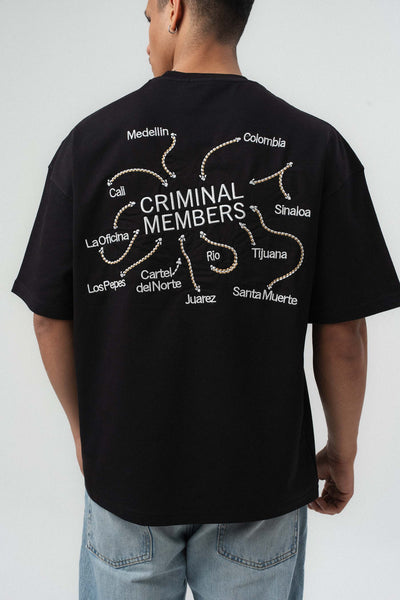 Criminal Members Nakış Detaylı Siyah Oversize Baskılı T-Shirt