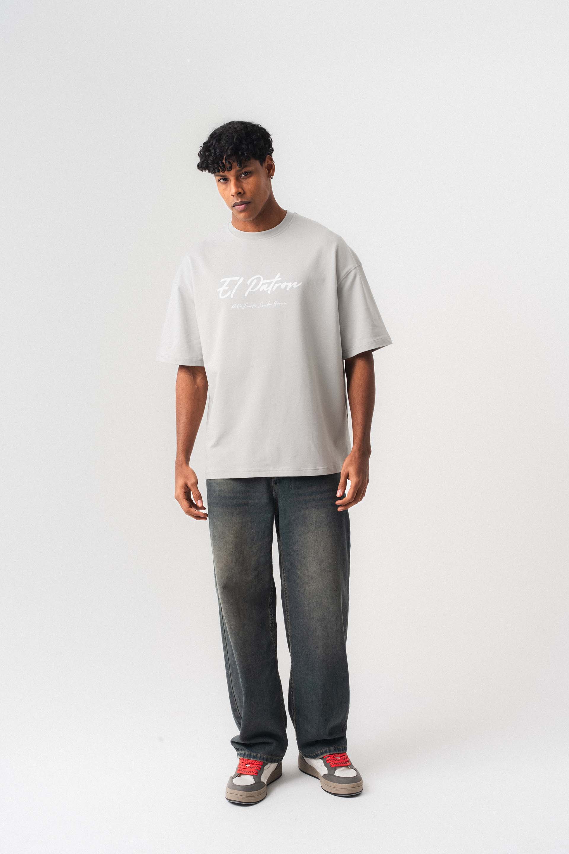 El Patron Gri Oversize Baskılı T-Shirt