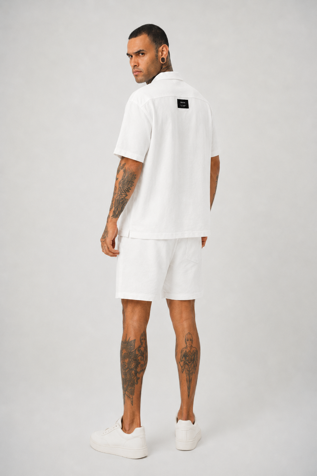 Ketenli Nakışlı Regular Fit Şort & Gömlek Beyaz Takım