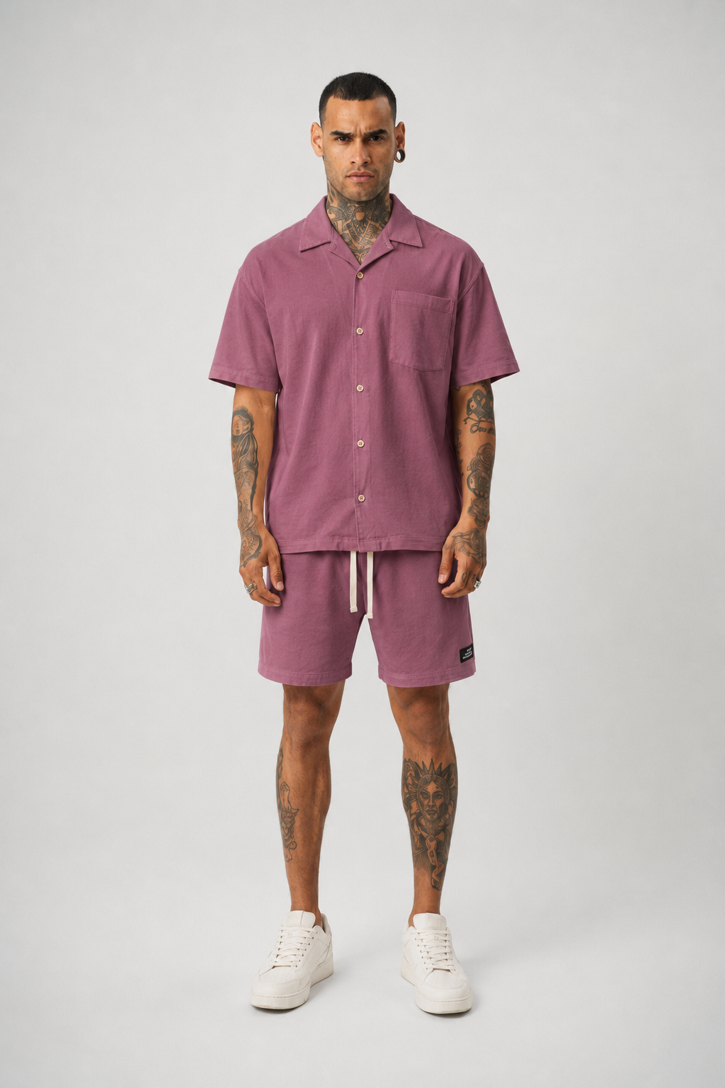 Ketenli Nakışlı Regular Fit Şort & Gömlek Bordo Takım