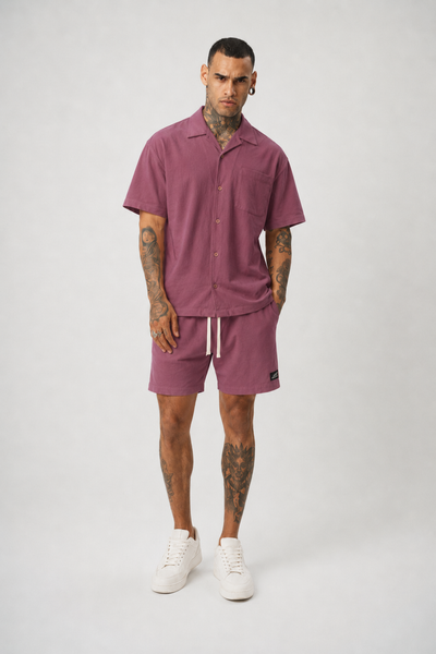 Ketenli Nakışlı Regular Fit Şort & Gömlek Bordo Takım
