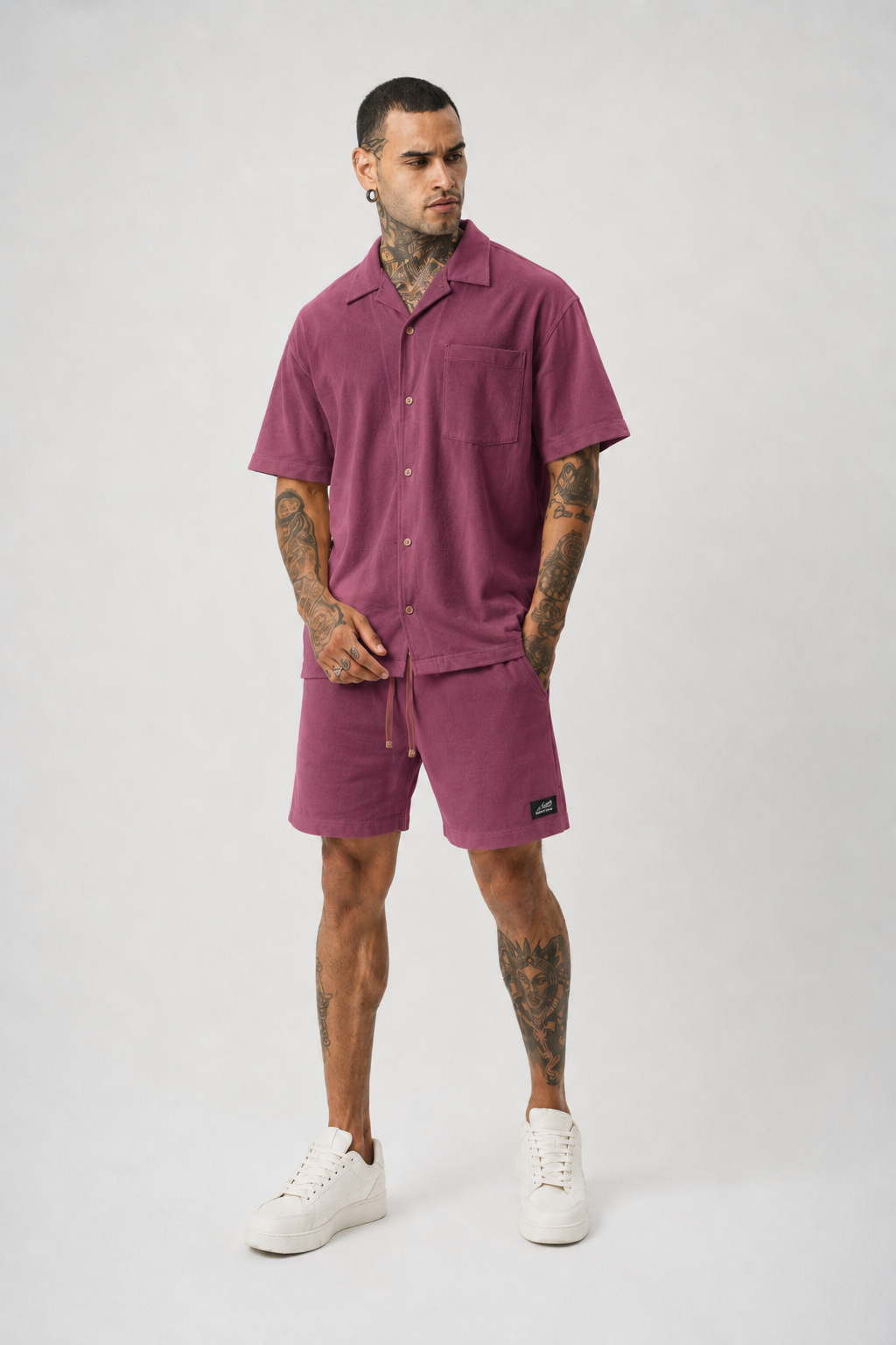 Ketenli Nakışlı Regular Fit Şort & Gömlek Bordo Takım