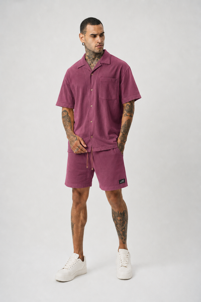 Ketenli Nakışlı Regular Fit Şort & Gömlek Bordo Takım