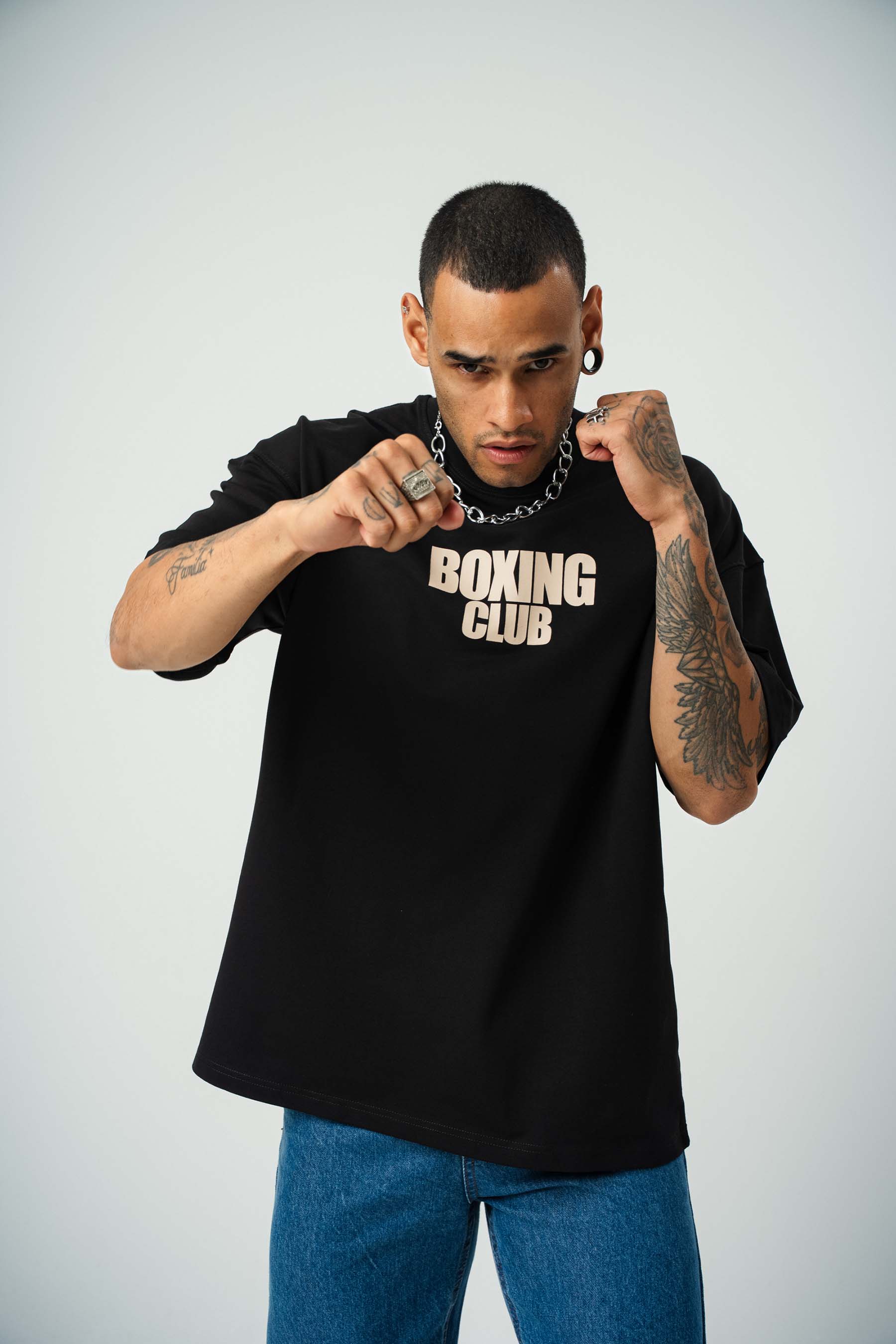 Boxing Club Baskılı Siyah Oversize T-Shirt