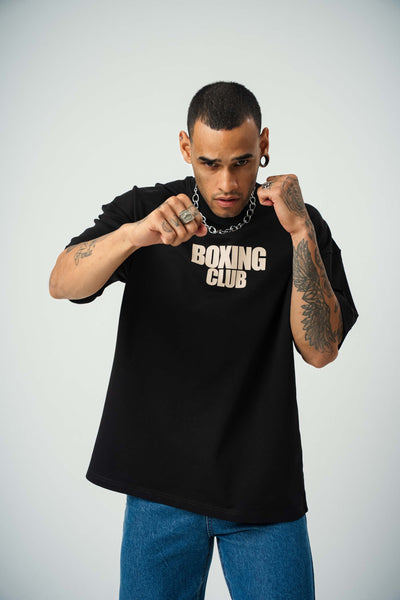 Boxing Club Baskılı Siyah Oversize T-Shirt