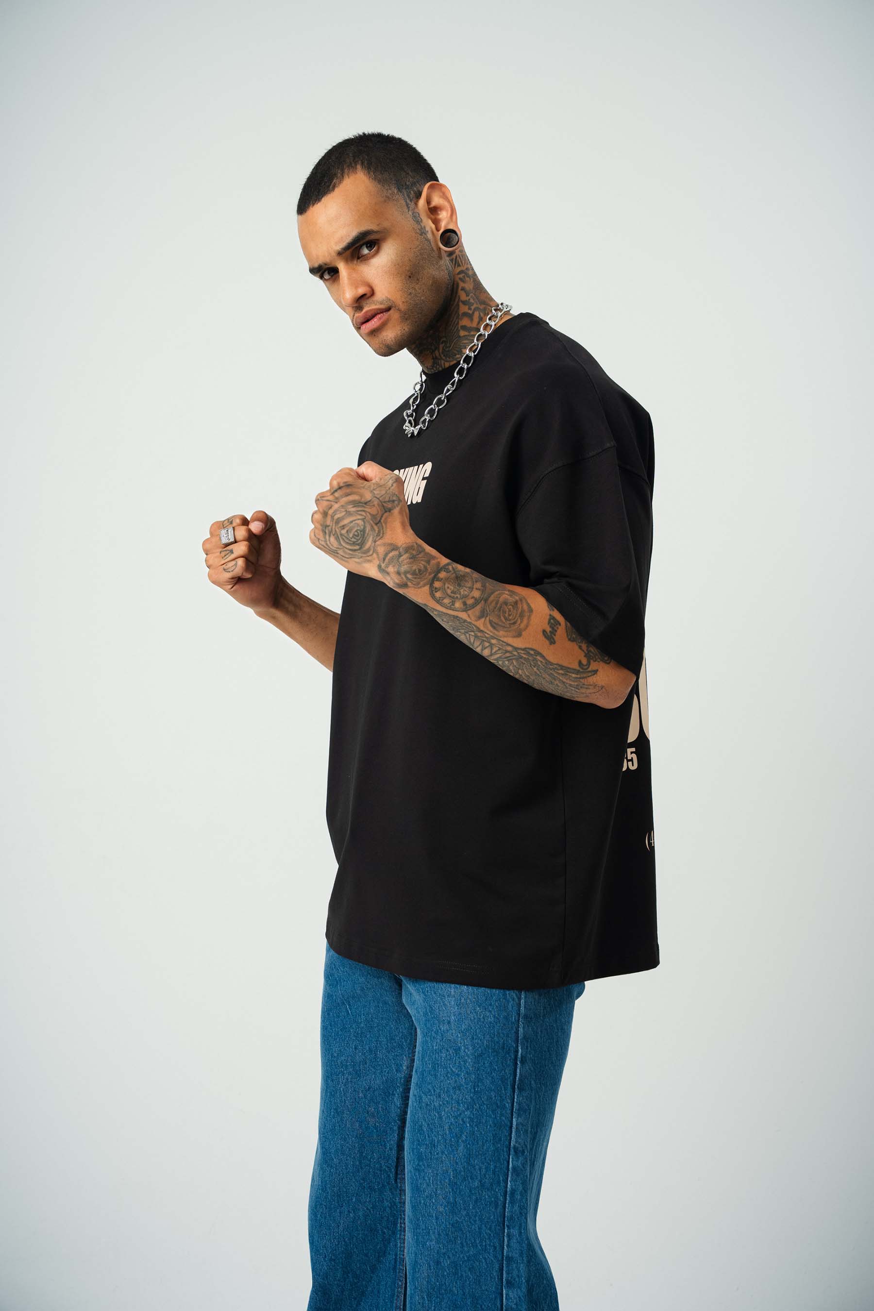 Boxing Club Baskılı Siyah Oversize T-Shirt